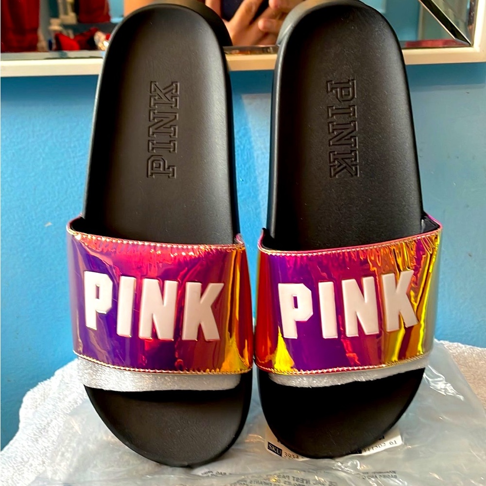 Victoria Secret Pink Iridescent Slides NEW LG